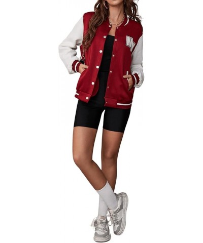 Women's Casual Color Block Letter Patched Button Down Baseball Collar Bomber Jacket Coat Burgundy $21.99 Jackets