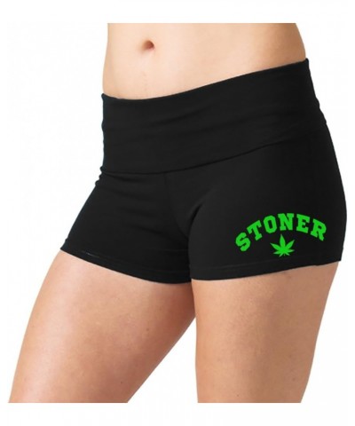 Women's Stoner Weed Leaf V573 Black Yoga Workout Booty Shorts Black Black $8.99 Activewear