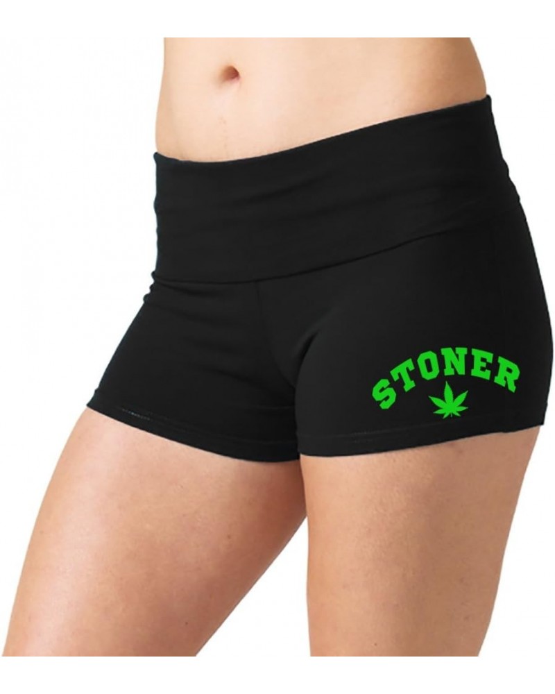 Women's Stoner Weed Leaf V573 Black Yoga Workout Booty Shorts Black Black $8.99 Activewear