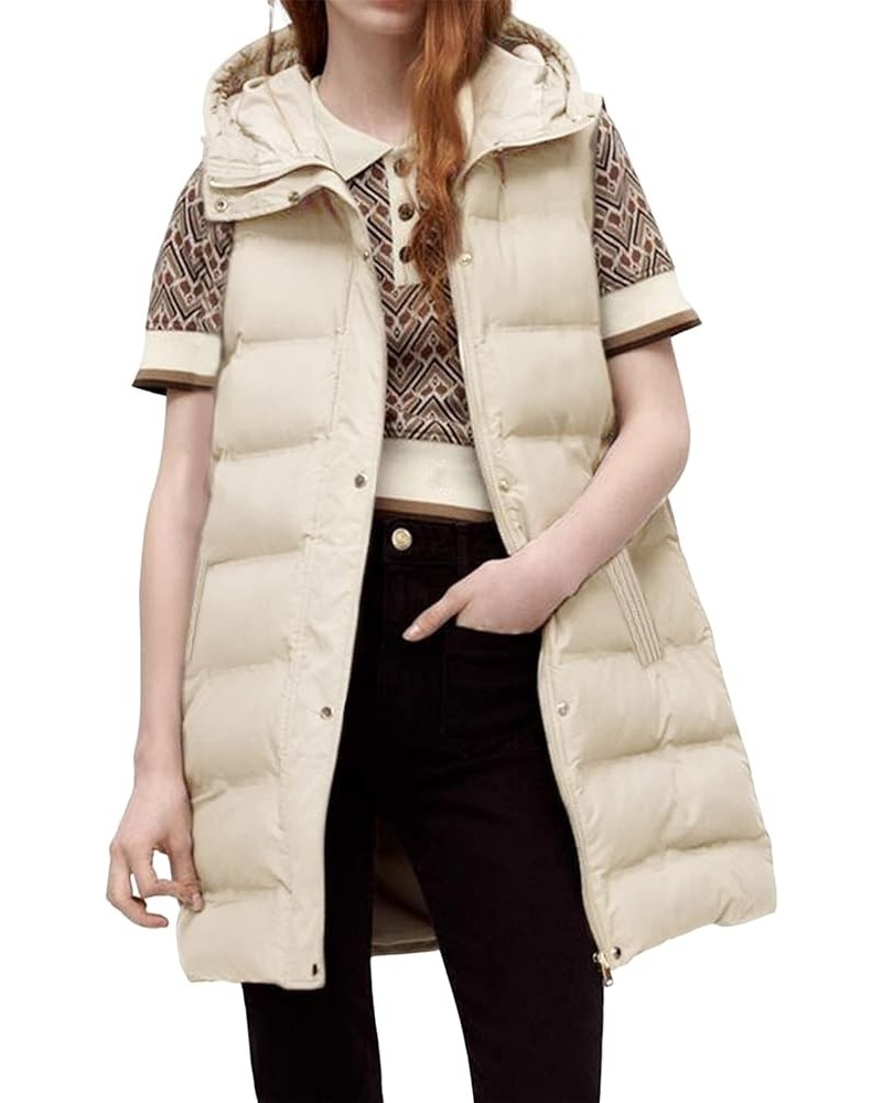 Womens Long Puffer Vest Sleeveless Coats Quilted Vests Outerwear Jackets with Hood Apricot $22.08 Vests