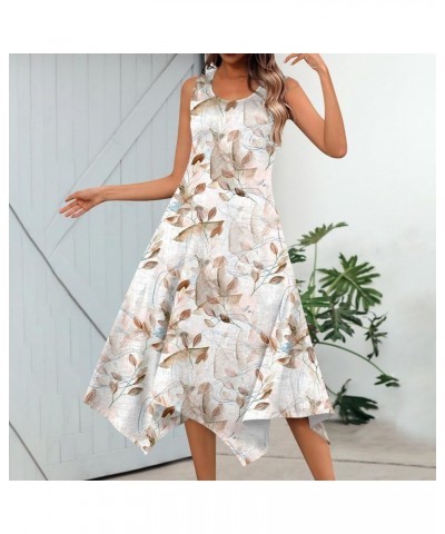 Summer Dresses for Women 2024 Round Neck Sleeveless Casual Dress Print Irregular Hem Midi Dresses Tank Daily Dresses 6-beige ...