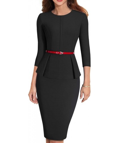 Women's 3/4 Sleeve Office Wear Peplum Dress with Belt B473 Black $15.54 Dresses