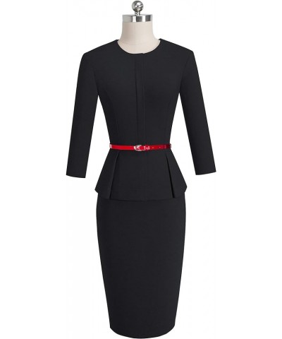 Women's 3/4 Sleeve Office Wear Peplum Dress with Belt B473 Black $15.54 Dresses