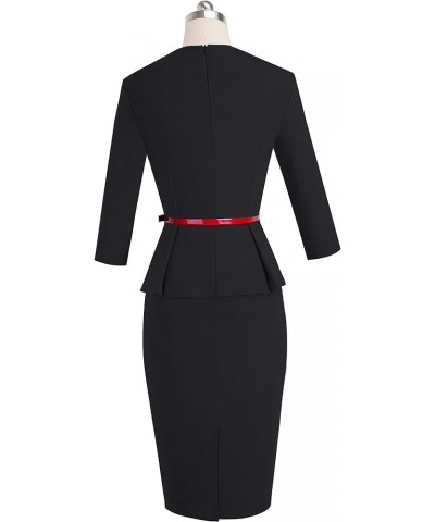 Women's 3/4 Sleeve Office Wear Peplum Dress with Belt B473 Black $15.54 Dresses