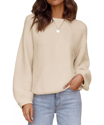 Women's 2024 Crew Neck Long Lantern Sleeve Casual Loose Ribbed Knit Solid Soft Pullover Sweater Tops Apricot $19.80 Sweaters