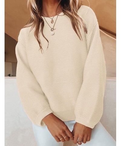 Women's 2024 Crew Neck Long Lantern Sleeve Casual Loose Ribbed Knit Solid Soft Pullover Sweater Tops Apricot $19.80 Sweaters