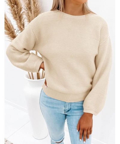 Women's 2024 Crew Neck Long Lantern Sleeve Casual Loose Ribbed Knit Solid Soft Pullover Sweater Tops Apricot $19.80 Sweaters