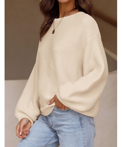 Women's 2024 Crew Neck Long Lantern Sleeve Casual Loose Ribbed Knit Solid Soft Pullover Sweater Tops Apricot $19.80 Sweaters