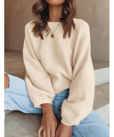 Women's 2024 Crew Neck Long Lantern Sleeve Casual Loose Ribbed Knit Solid Soft Pullover Sweater Tops Apricot $19.80 Sweaters