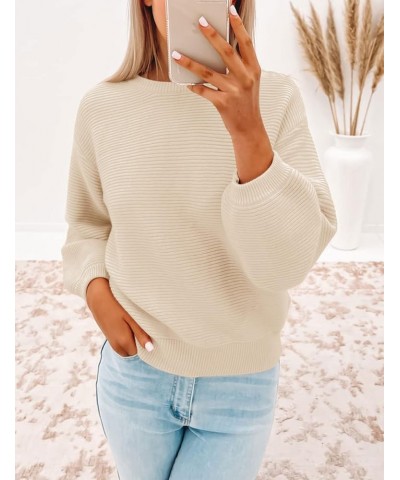 Women's 2024 Crew Neck Long Lantern Sleeve Casual Loose Ribbed Knit Solid Soft Pullover Sweater Tops Apricot $19.80 Sweaters