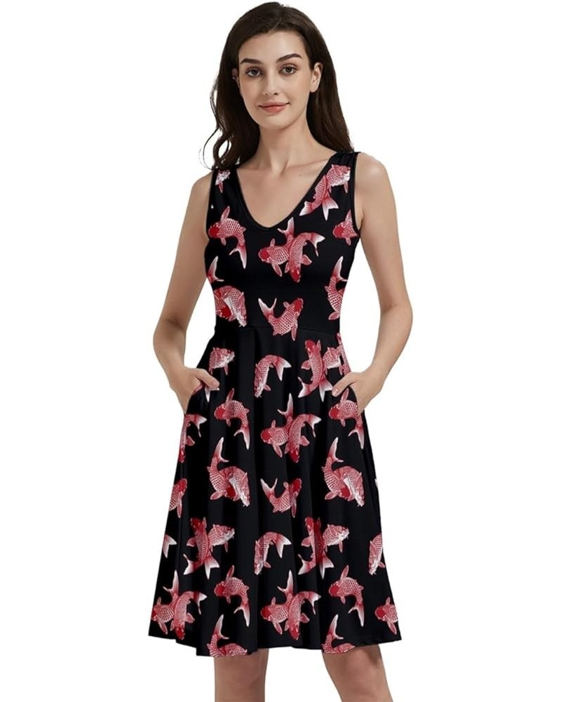 Womens Summer Sun Dress Japanese Style Sushi Goldfish Fan Dragon Fuji Pattern Skater Dress, XS-5XL Vneck Black & Pink $16.19 ...