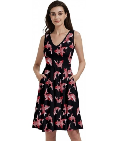 Womens Summer Sun Dress Japanese Style Sushi Goldfish Fan Dragon Fuji Pattern Skater Dress, XS-5XL Vneck Black & Pink $16.19 ...