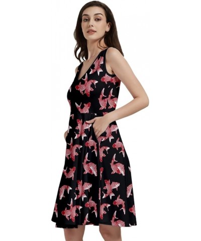 Womens Summer Sun Dress Japanese Style Sushi Goldfish Fan Dragon Fuji Pattern Skater Dress, XS-5XL Vneck Black & Pink $16.19 ...