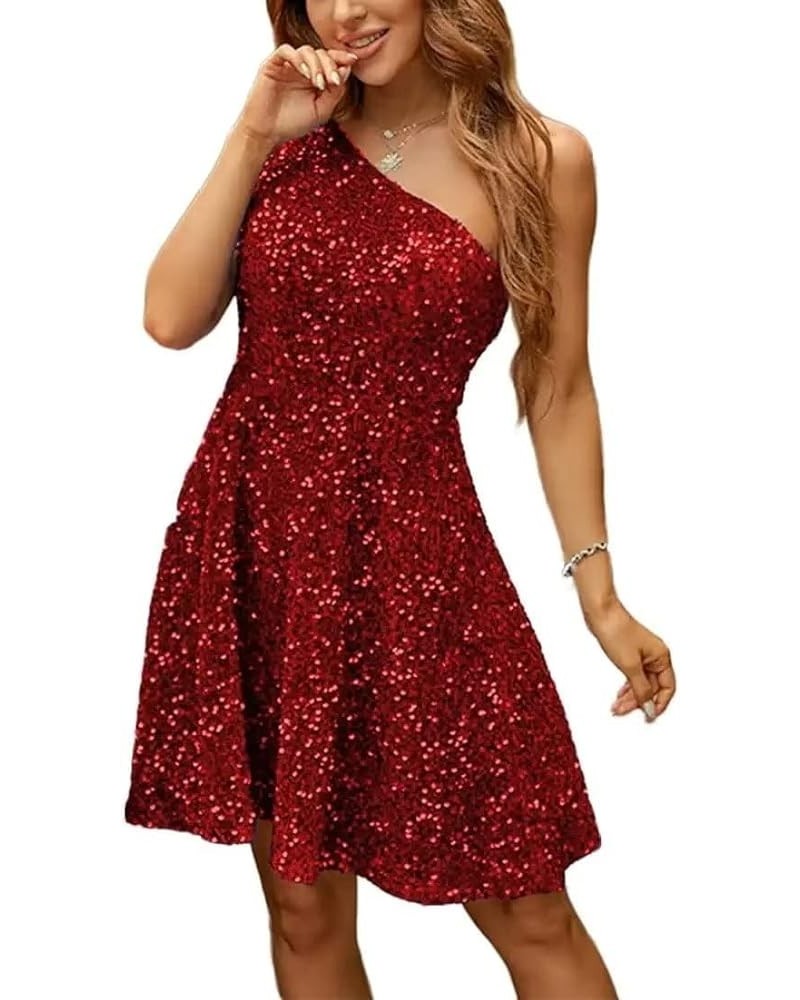 Sequin Homecoming Dresses One Shoulder Sparkly Short Prom Dress Sexy Backless Cocktail Mini Dress for Teens SK22 Red $30.33 D...