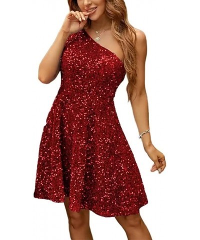 Sequin Homecoming Dresses One Shoulder Sparkly Short Prom Dress Sexy Backless Cocktail Mini Dress for Teens SK22 Red $30.33 D...