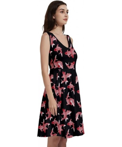 Womens Summer Sun Dress Japanese Style Sushi Goldfish Fan Dragon Fuji Pattern Skater Dress, XS-5XL Vneck Black & Pink $16.19 ...