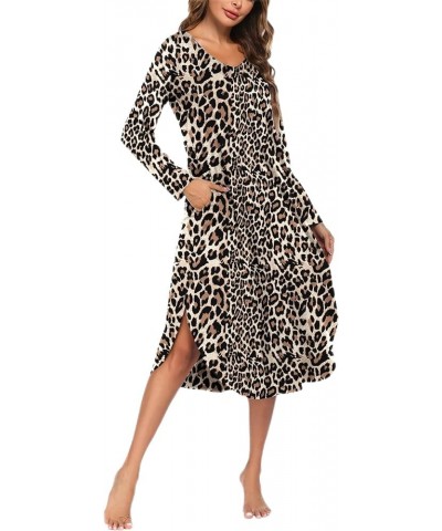 Womens Nightgown V Neck Nightshirts Long Sleeve Sleepwear with Pockets S-XXL Leopard $16.23 Sleep & Lounge