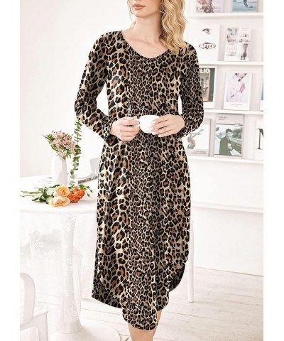 Womens Nightgown V Neck Nightshirts Long Sleeve Sleepwear with Pockets S-XXL Leopard $16.23 Sleep & Lounge