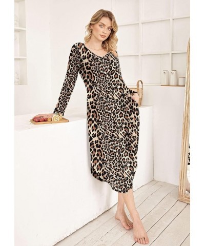 Womens Nightgown V Neck Nightshirts Long Sleeve Sleepwear with Pockets S-XXL Leopard $16.23 Sleep & Lounge