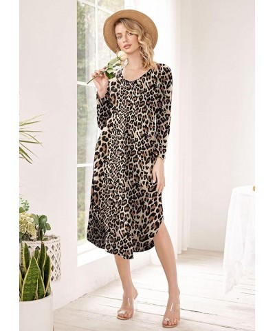 Womens Nightgown V Neck Nightshirts Long Sleeve Sleepwear with Pockets S-XXL Leopard $16.23 Sleep & Lounge