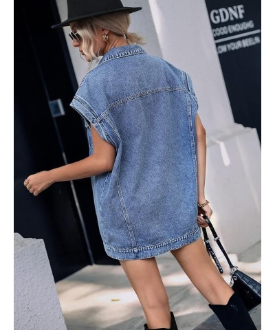 Women's Casual Flap Pocket Cap Sleeve Button Front Denim Vest Jacket Blue $20.24 Vests