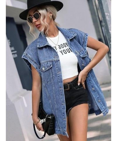 Women's Casual Flap Pocket Cap Sleeve Button Front Denim Vest Jacket Blue $20.24 Vests