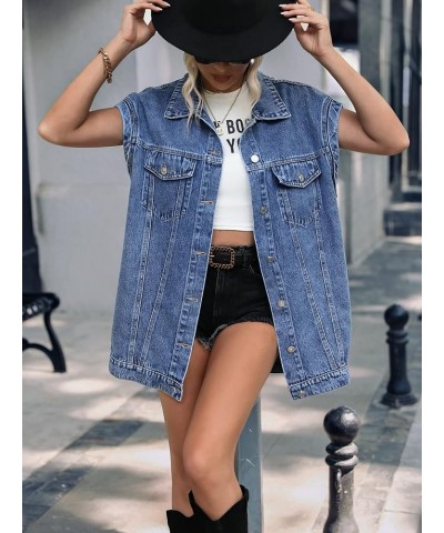 Women's Casual Flap Pocket Cap Sleeve Button Front Denim Vest Jacket Blue $20.24 Vests