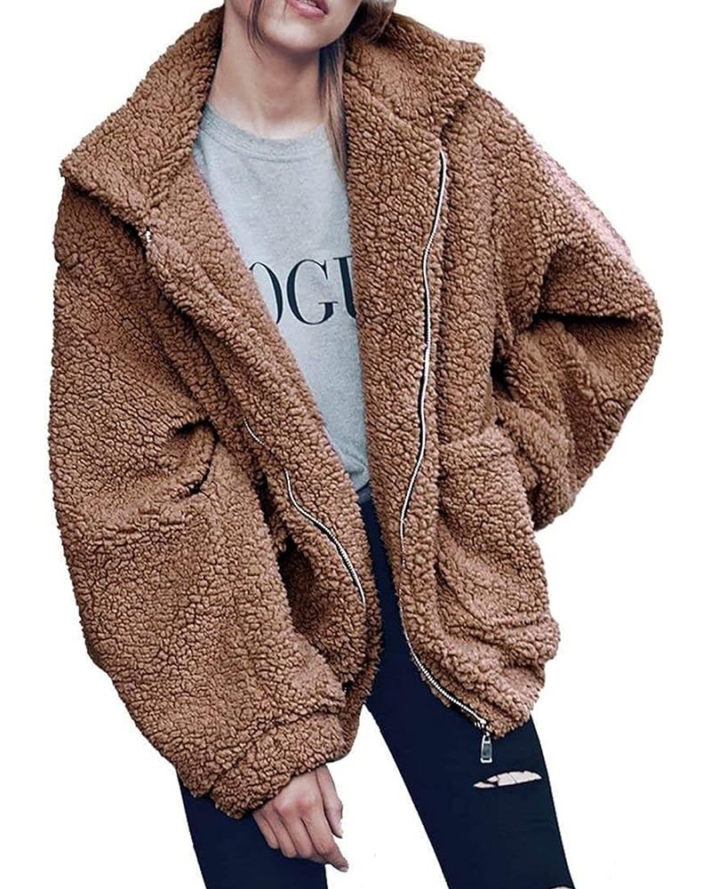 Women's Fashion Winter Coat Long Sleeve Lapel Zip Up Faux Shearling Shaggy Oversized Shacket Jacket Dark Brown $31.85 Coats