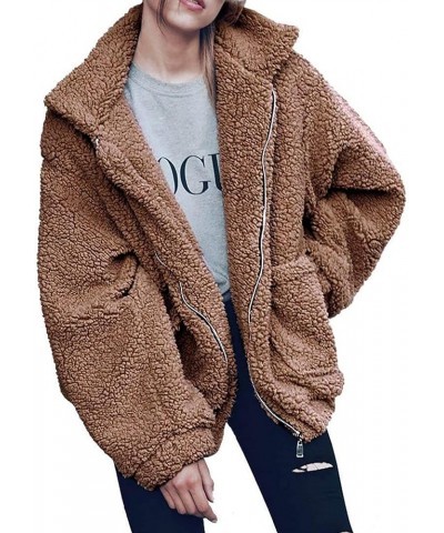 Women's Fashion Winter Coat Long Sleeve Lapel Zip Up Faux Shearling Shaggy Oversized Shacket Jacket Dark Brown $31.85 Coats