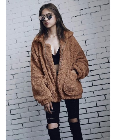 Women's Fashion Winter Coat Long Sleeve Lapel Zip Up Faux Shearling Shaggy Oversized Shacket Jacket Dark Brown $31.85 Coats