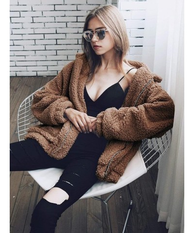 Women's Fashion Winter Coat Long Sleeve Lapel Zip Up Faux Shearling Shaggy Oversized Shacket Jacket Dark Brown $31.85 Coats