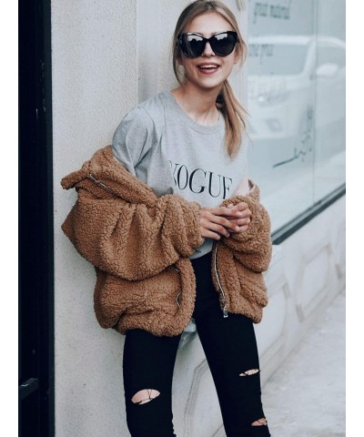 Women's Fashion Winter Coat Long Sleeve Lapel Zip Up Faux Shearling Shaggy Oversized Shacket Jacket Dark Brown $31.85 Coats