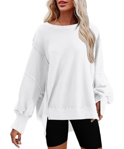 Womens Oversized Crewneck Sweatshirt Side Slit Long Sleeve Pullover Slouchy Fit Tops White $17.28 Hoodies & Sweatshirts