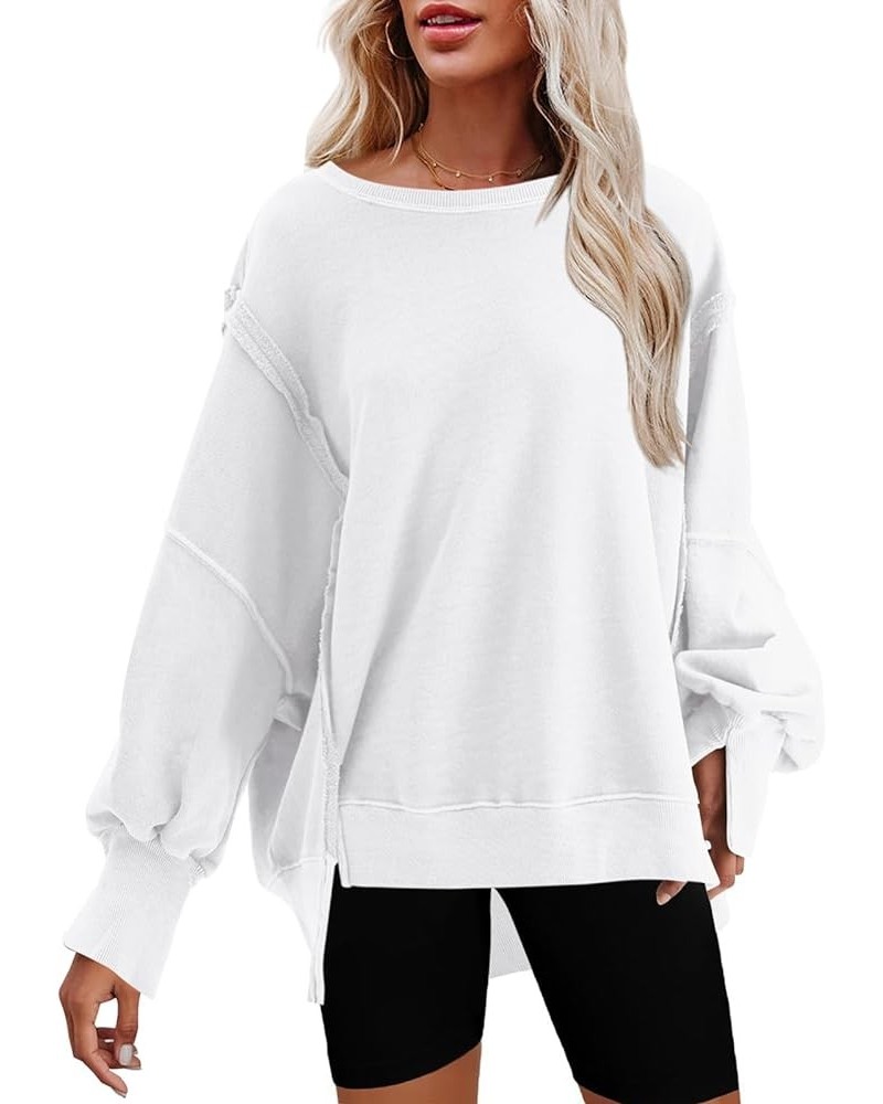 Womens Oversized Crewneck Sweatshirt Side Slit Long Sleeve Pullover Slouchy Fit Tops White $17.28 Hoodies & Sweatshirts