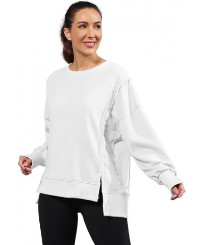 Womens Oversized Crewneck Sweatshirt Side Slit Long Sleeve Pullover Slouchy Fit Tops White $17.28 Hoodies & Sweatshirts