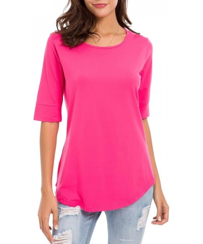 Women's Casual T Shirts Cotton Mid Sleeve Summer Basic Tunics Tee Tops Fashion Rose Red $11.00 T-Shirts