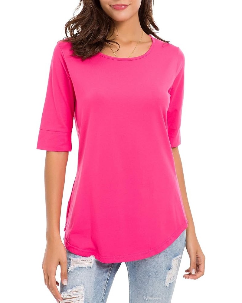 Women's Casual T Shirts Cotton Mid Sleeve Summer Basic Tunics Tee Tops Fashion Rose Red $11.00 T-Shirts