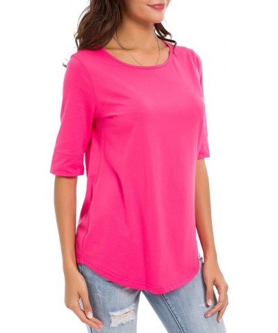 Women's Casual T Shirts Cotton Mid Sleeve Summer Basic Tunics Tee Tops Fashion Rose Red $11.00 T-Shirts