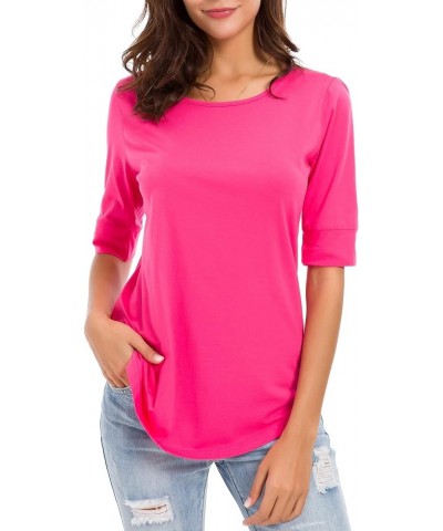 Women's Casual T Shirts Cotton Mid Sleeve Summer Basic Tunics Tee Tops Fashion Rose Red $11.00 T-Shirts