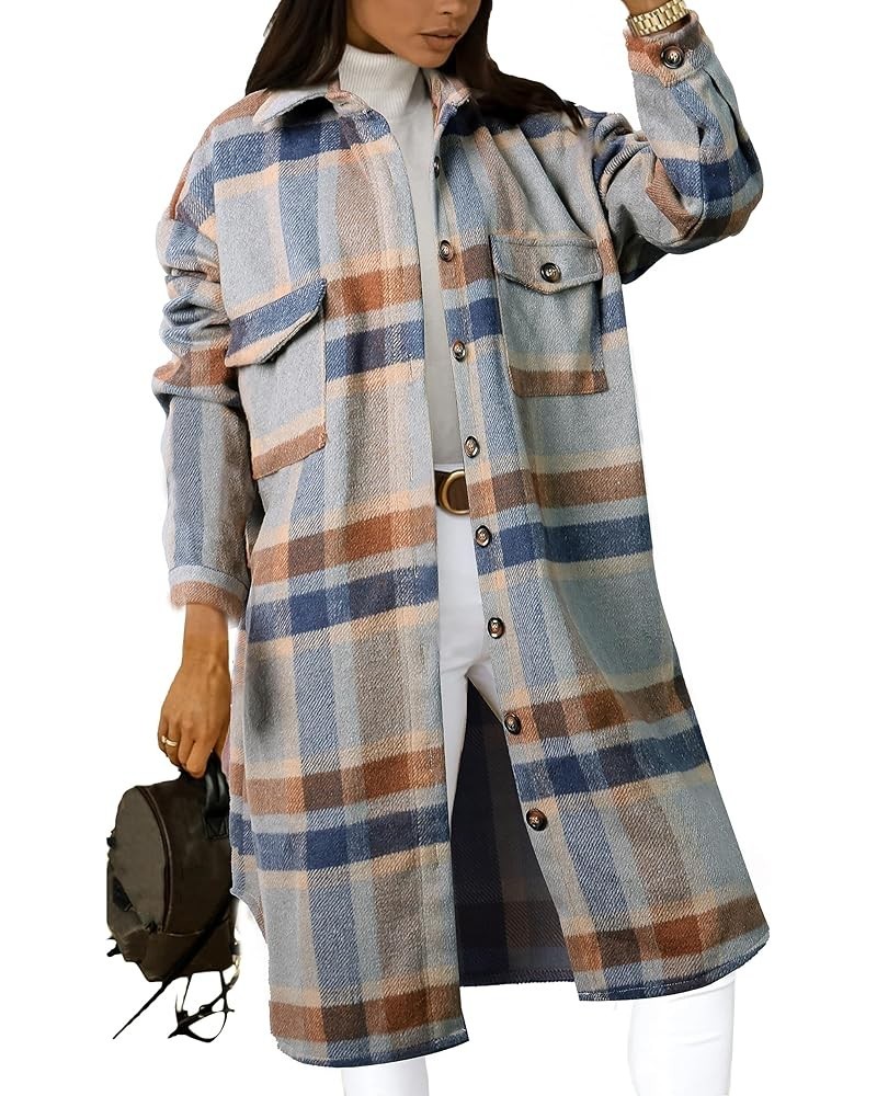 Womens Fall long Flannel Plaid Grey Shacket Jacket Button UP Shirts Trench Coat Blue $24.95 Coats