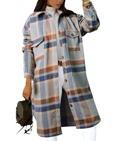 Womens Fall long Flannel Plaid Grey Shacket Jacket Button UP Shirts Trench Coat Blue $24.95 Coats