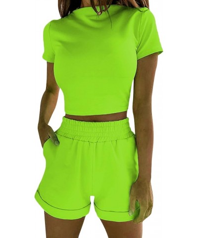 Women's Solid Color High Neck Tight-fitting High-waist Short Two-piece Sexy Suit Green $33.03 Suits