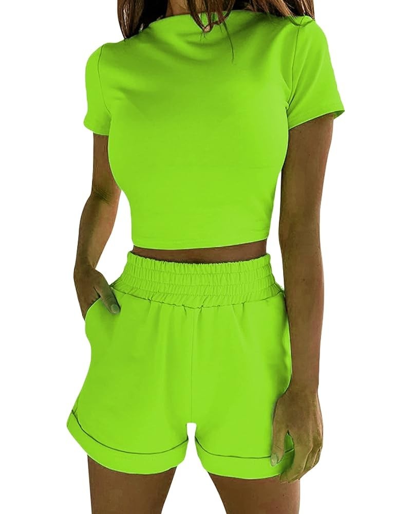 Women's Solid Color High Neck Tight-fitting High-waist Short Two-piece Sexy Suit Green $33.03 Suits