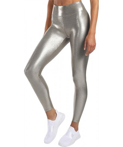 Women's Shiny Metallic Leggings High Waist Stretch Active Yoga Pants Performance Clubwear Tights Light Gray $10.35 Leggings