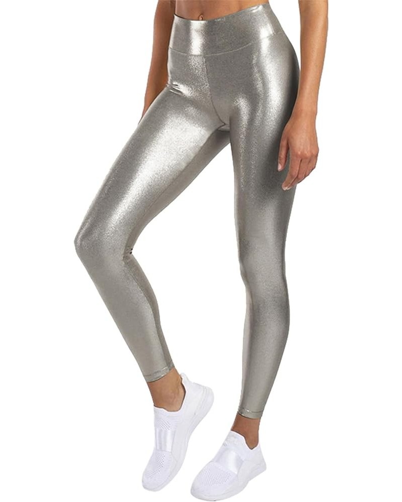 Women's Shiny Metallic Leggings High Waist Stretch Active Yoga Pants Performance Clubwear Tights Light Gray $10.35 Leggings