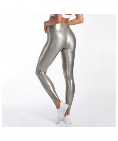 Women's Shiny Metallic Leggings High Waist Stretch Active Yoga Pants Performance Clubwear Tights Light Gray $10.35 Leggings