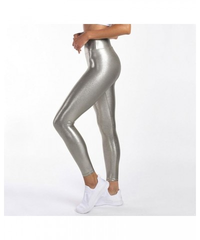 Women's Shiny Metallic Leggings High Waist Stretch Active Yoga Pants Performance Clubwear Tights Light Gray $10.35 Leggings