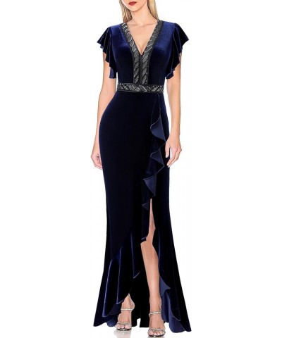 Womens Beaded V Neck Ruffle Sleeve Formal Prom High Split Maxi Dress 2023 Wedding Guest Bridesmaid Evening Long Gown Blue Vel...