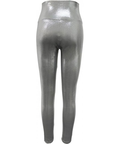 Women's Shiny Metallic Leggings High Waist Stretch Active Yoga Pants Performance Clubwear Tights Light Gray $10.35 Leggings