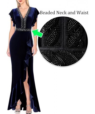 Womens Beaded V Neck Ruffle Sleeve Formal Prom High Split Maxi Dress 2023 Wedding Guest Bridesmaid Evening Long Gown Blue Vel...